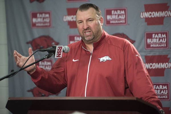 Arkansas coach Bret Bielema talks Sunday, Dec. 6, 2015, about the Razorbacks' invitation to play in the Liberty Bowl in Memphis against Kansas State.