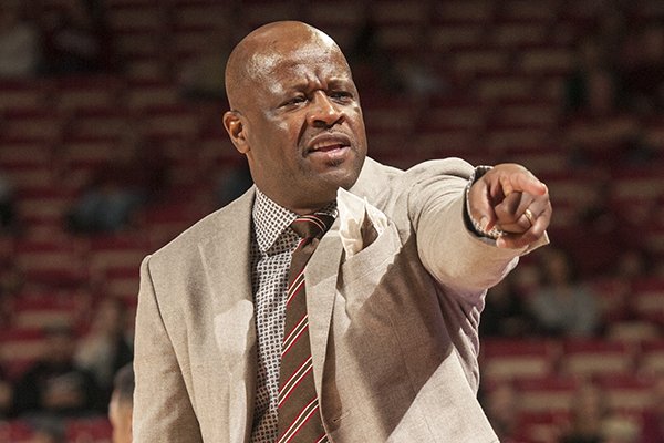 Mike Anderson Arkansas head coach calls to his bench against Evansville in the first half Tuesday, Dec. 8, 2015, at Bud Walton Arena in Fayetteville.