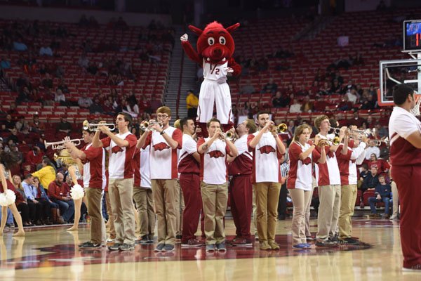 Arkansas' band performs on the court during the Razorbacks' game against Northwestern State on Tuesday, Dec. 1, 2015, at Bud Walton Arena.
