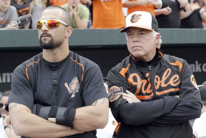 Baltimore Orioles right fielder Nick Markakis, left, and manager Buck Showalter watch a baseball game between the Texas Rangers and Los Angeles Angels on a center field scoreboard after beating Boston Red Sox 6-3 in Baltimore, Sunday, Sept. 30, 2012.