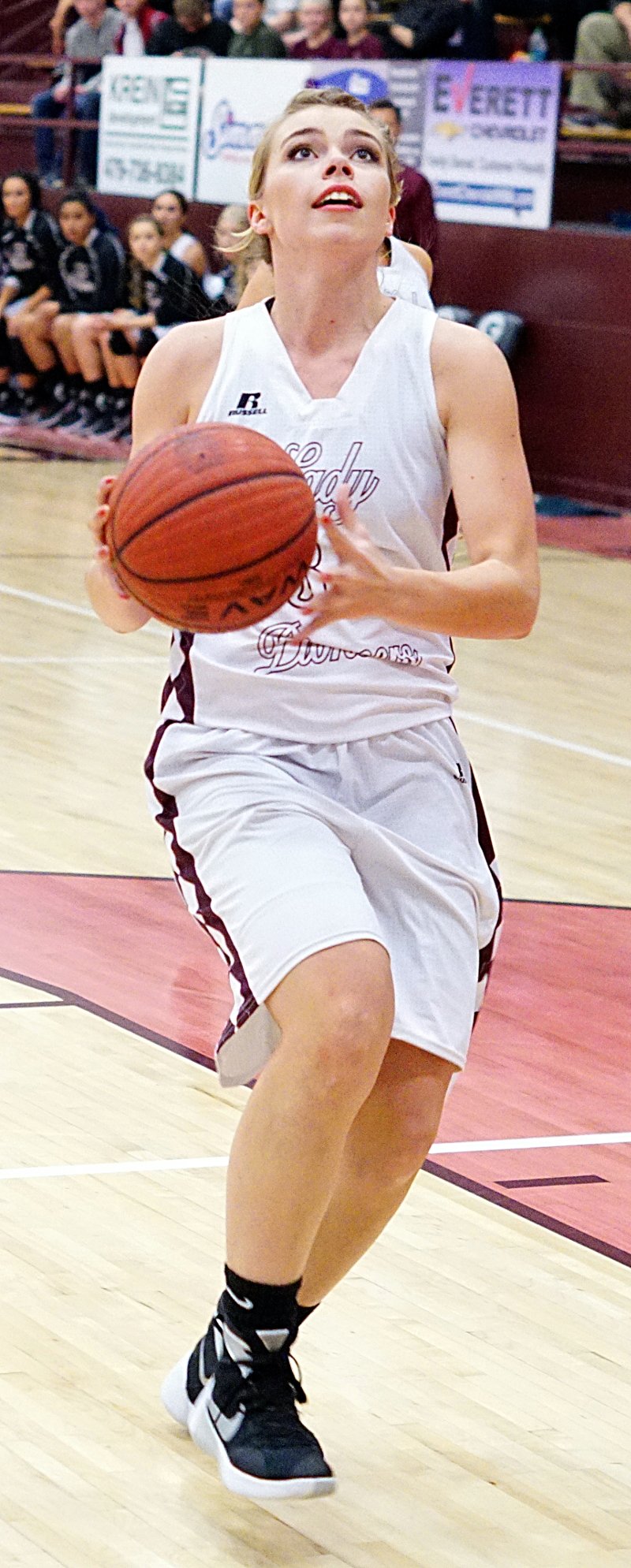 Haley Borgeteien-James gets ready to shoot under the basket in a recent game against Haas Hall Academy.