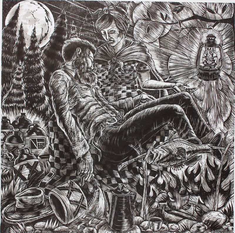 In the Pines, by Neal Harrington, is part of the Russellville artist’s Bootlegger’s Ballard series. The woodcut with India-ink washes measures 24 by 24 inches and is among the 21 pieces of 
Harrington’s art on display at the Historic Arkansas Museum.