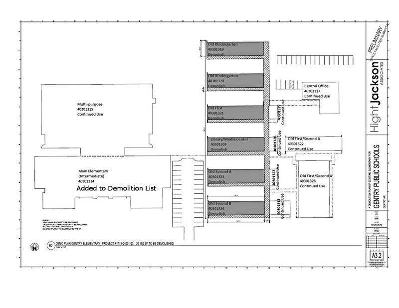 The main section of the intermediate school (below the dotted line at the bus tunnel) was added by the board to the list of buildings to be demolished in a proposed a building project at the Gentry Intermediate School. (Drawing by Hight-Jackson architectural firm with annotation and line added to show the main portion of the intermediate school added to the demolition list)