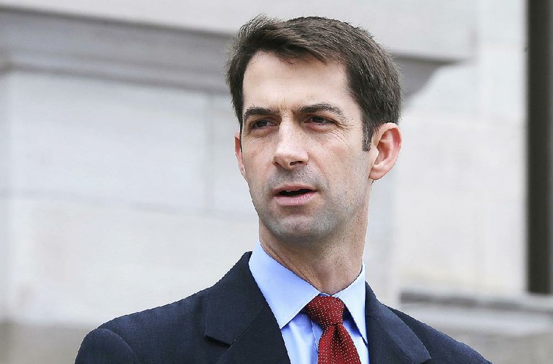 U.S. Sen. Tom Cotton, R-Ark., speaks in front of the Arkansas state Capitol in Little Rock, Ark., Tuesday, May 26, 2015. (AP Photo/Danny Johnston)
