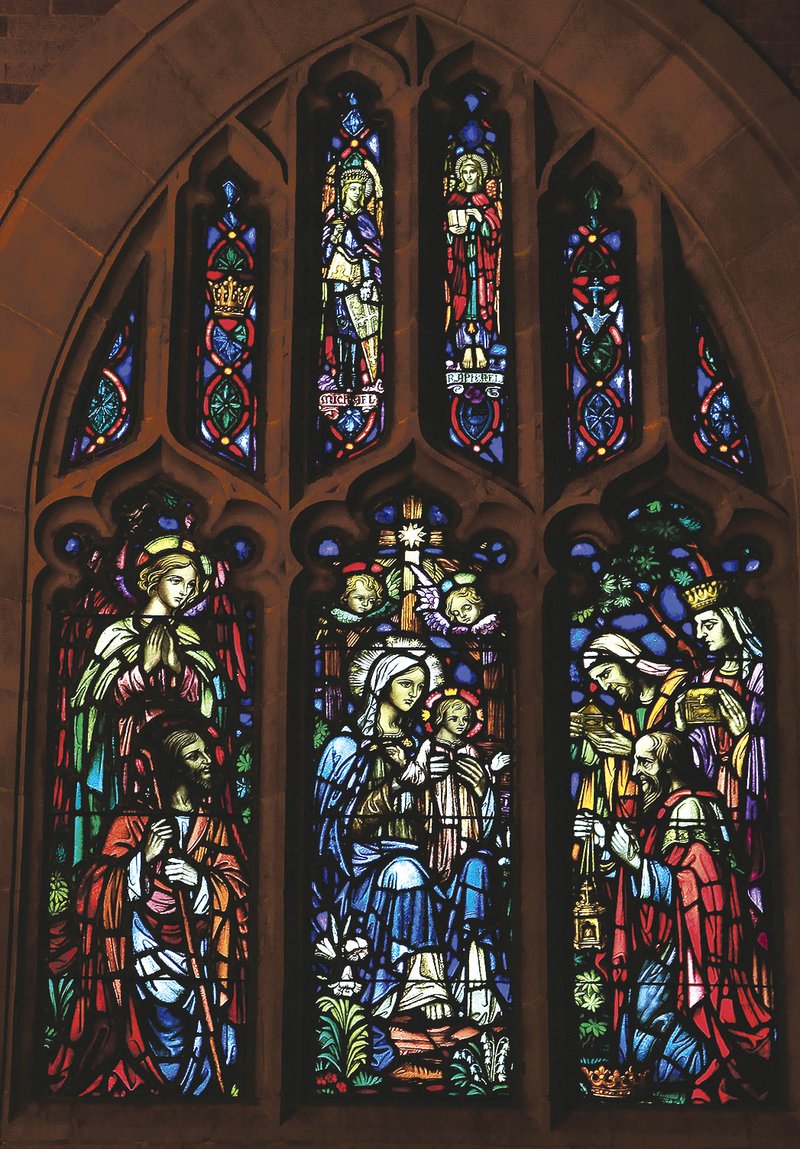 Worshippers will gather on Christmas Eve to celebrate the Nativity of Christ as seen in this stained glass window at First Presbyterian Church in Little Rock.