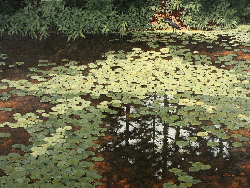 Charles Harrington’s Blue Heron and Lily Pads shows the artist’s trade-mark style.