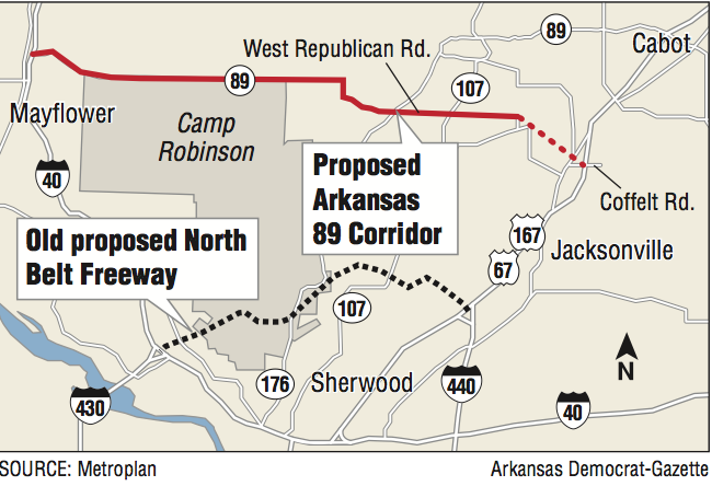 Map showing the location of the Proposed Arkansas 89 Corridor.