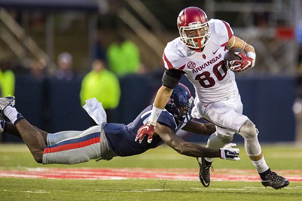 Arkansas receiver Drew Morgan turns upfield after catching a pass during a game against Ole Miss on Saturday, Nov. 7, 2015, at Vaught-Hemingway Stadium in Oxford, Miss. 