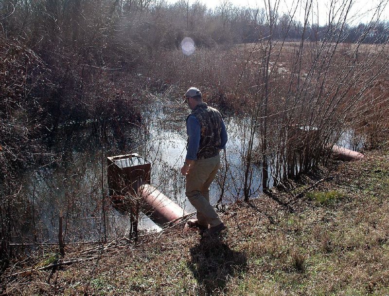 Joel Whicker checks on a flooded section of land donated to the U.S. Department of Agriculture’s Wetlands Reserve Program during a tour of the property last month.