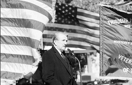 The Sentinel-Record/File photo GOODBYE, SENATOR: U.S. Sen. Dale Bumpers speaks at a ceremony honoring the nation’s veterans on Veterans Day at Greenwood Cemetery in 1995.