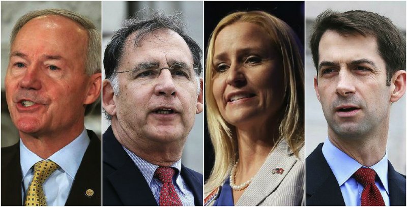 Gov. Asa Hutchinson (from left), U.S. Sen. John Boozman, Arkansas Attorney General Leslie Rutledge and U.S. Sen. Tom Cotton 