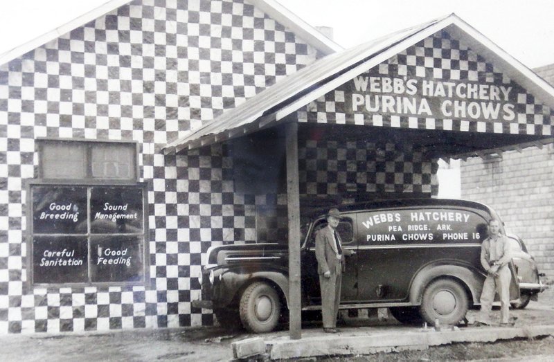 An early photograph of Webb&#8217;s Hatchery shows the slogans printed on the windows. Doug McKinney said his grandfather was responsible for the slogans which are now on the window of the feed store &#8212; Good Breeding, Careful Sanitation, Sound Management and Good Feeding as essentials in good animal management.