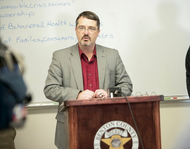 Benton County Sheriff Kelley Cradduck addresses the media Nov. 18. Cradduck said he would abide by the decision of the Benton County Grievance Committee and reinstate Jeremy Guyll as captain and Robin Holt as lieutenant at the jail.