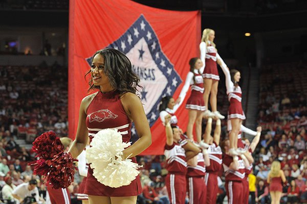Arkansas cheerleaders perform during a timeout of the Razorbacks' game against Vanderbilt on Tuesday, Jan. 5, 2016, at Bud Walton Arena in Fayetteville. 