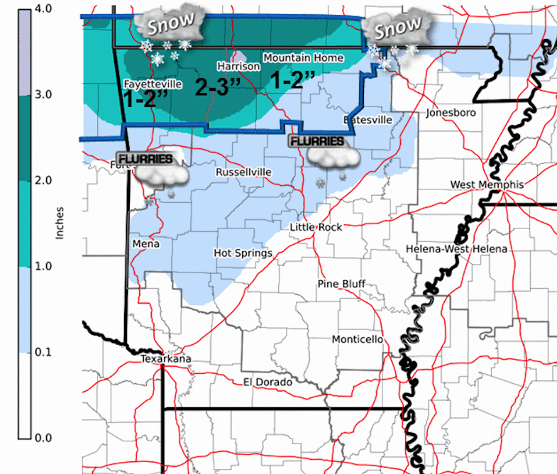 The National Weather Service in Little Rock on Saturday, Jan. 9, 2016, said northern Arkansas is still expected to receive 1 to 2 inches of snow, with heavier accumulation possible in higher elevations such as the Ozark Mountains.