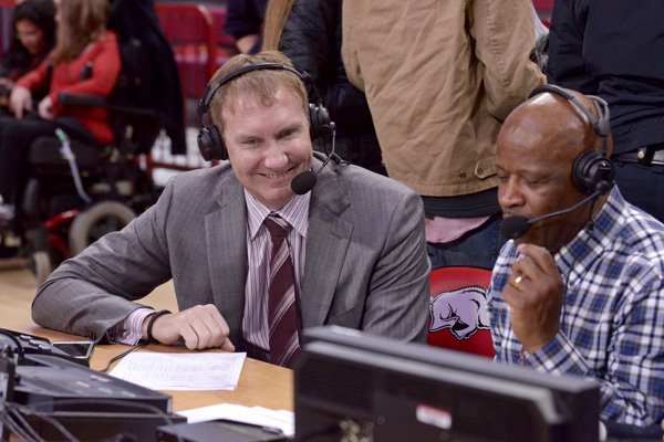 Former Arkansas head coach and current SEC Network analyst John Pelphrey interviews current Arkansas head coach Mike Anderson following the Razorbacks' 82-68 win over Mississippi State on Saturday, Jan. 9, 2016, at Bud Walton Arena in Fayetteville.