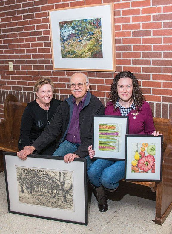 St. Peter’s Episcopal Church in Conway will host its annual fundraiser, Art, Pray, Love from 6:30-9 p.m. Jan. 30. Marilyn Rishkofski, left, is co-chairmwoman of the event. Participating artists in the art show and sale include Win Bruhl of Little Rock, center, and Jeanetta Darley of Conway, right. Bruhl will display five framed prints, including Post Oaks in Winter, on the floor, and Redbud, on the wall. Darley will show two of her works from her Harvest Table Sketch Book collection, including Corn, left, and Tomato, right.