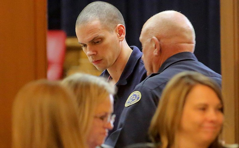 FILE — Arron Lewis, top left, stands to be escorted from the courtroom during a lunch break in his  his capital murder and kidnapping trial Thursday at the Pulaski County Courthouse in Little Rock in this Jan. 14, 2016 file photo. (Arkansas Democrat-Gazette staff photo)