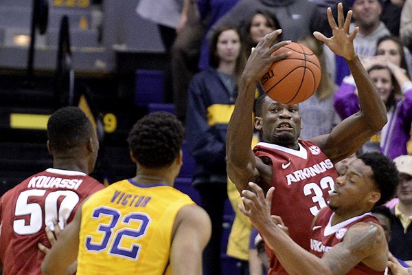 Arkansas' Moses Kingsley goes for a rebound during a game against LSU on Saturday, Jan. 16, 2016, at Pete Maravich Assembly Center in Baton Rouge, La. 