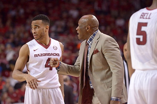 Arkansas coach Mike Anderson talks with guard Jabril Durham during a game against Mississippi State on Saturday, Jan. 9, 2016, at Bud Walton Arena in Fayetteville. 