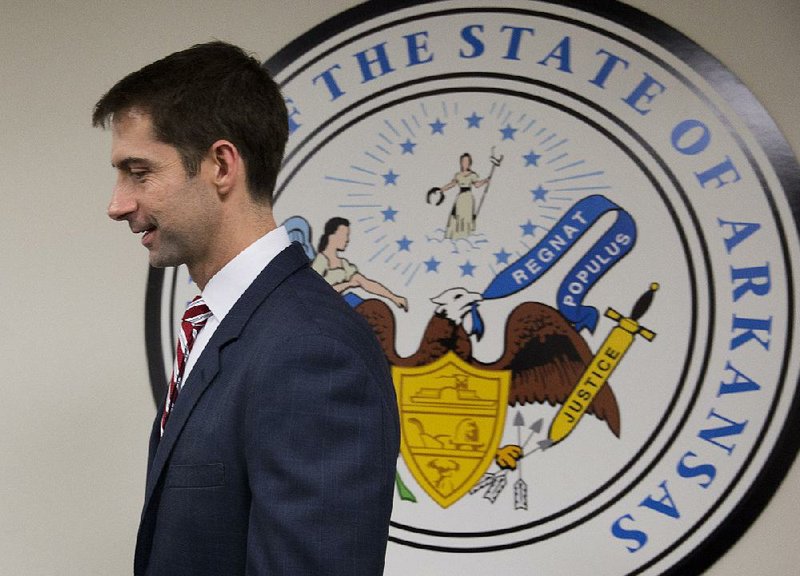 U.S. Sen. Tom Cotton leaves a March 11 news conference after speaking out against nuclear talks with Iran. He’s had a national platform to air his views on a number of issues since. 