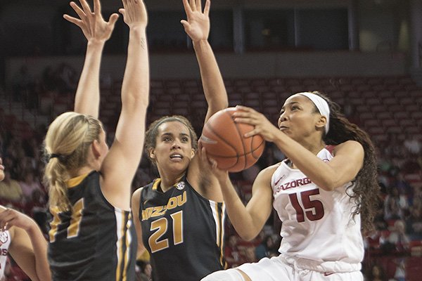 Arkansas guard Kelsey Brooks (15) goes up for a shot during a game against Missouri on Sunday, Jan. 17, 2016, at Bud Walton Arena in Fayetteville. 