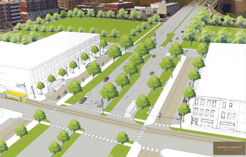 An artist’s rendering shows what the Interstate 30 corridor in downtown Little Rock and North Little Rock would look like as a boulevard under an alternative developed by Fennell Purifoy Architects. The firm said the alternative focuses on developing I-30 as an “at-grade” boulevard, restructuring the Interstate 30/Interstate 630 interchange and re-branding I-440 as the new I-30.