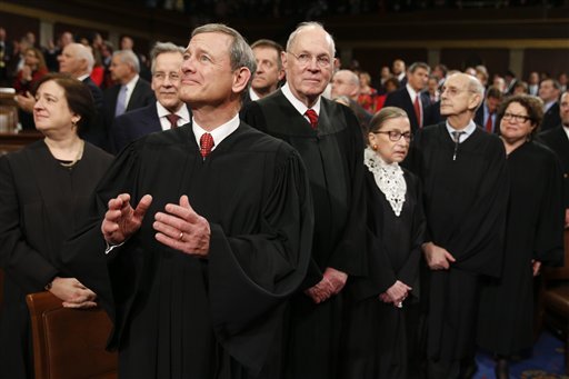 Supreme Court Justice Elena Kagan, from left, Chief Justice John Roberts, Justice Anthony Kennedy, Justice Ruth Bader Ginsburg, Justice Stephen Breyer, and Justice Sonia Sotomayor arrive before President Barack Obama delivers the State of the Union address to a joint session of Congress on Capitol Hill in Washington on Tuesday, Jan. 12, 2016. 