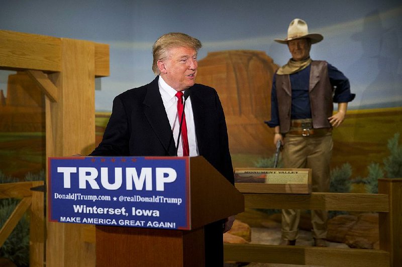 Republican presidential candidate Donald Trump speaks during a news conference Tuesday at the John Wayne Birthplace Museum in Winterset, Iowa. 