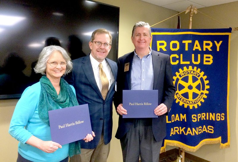 Photo submitted Siloam Springs Rotarians awarded two Paul Harris Fellows at the club&#8217;s meeting on Jan. 12. Pictured are this year&#8217;s award winners, chosen for their outstanding service above self: Sherry Miller, the Coordinator of Scholarships and Development Events at John Brown University, along with Jim Krall the VP for University Advancement, right, with Rotary President Tim Estes in the center.