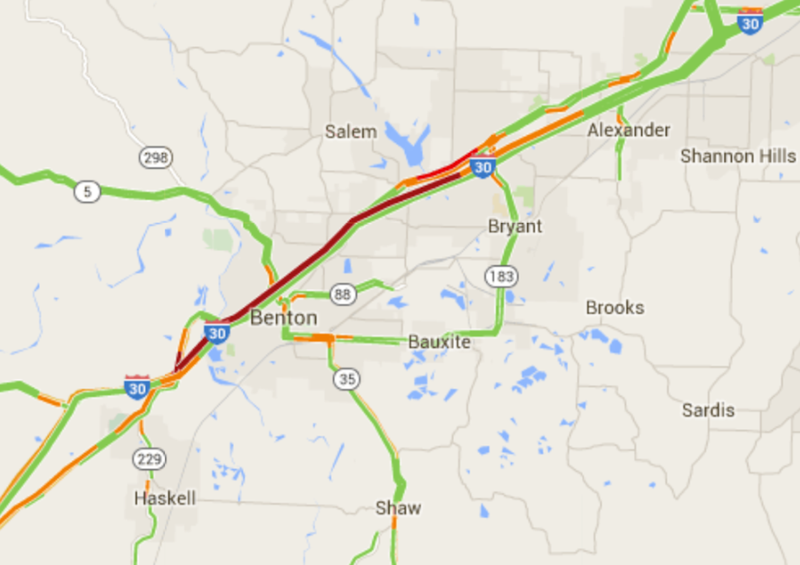 Westbound traffic on Interstate 30 near Benton remained backed up as of about 5:55 p.m. after an accident involving two commercial carriers, according to ArkansasOnline's traffic map.