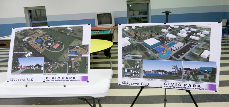 Photo by Susan Holland Display boards were set up in the Gravette civic center at the public forum Thursday night with architects&#8217; renderings of a master plan for the city and proposed improvements to be financed through the proposed bond issue to be voted on March 1. They included these two drawings of park improvements in Hiwasse and in Gravette.