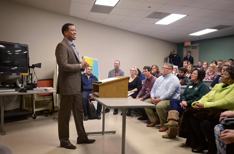 Todd Kitchen, vice president for learner support services at Northwest Arkansas Community College, speaks Thursdaywhile delivering the college’s annual Martin Luther King Jr. ‘Living the Dream’ speech at the community college campus in Bentonville.