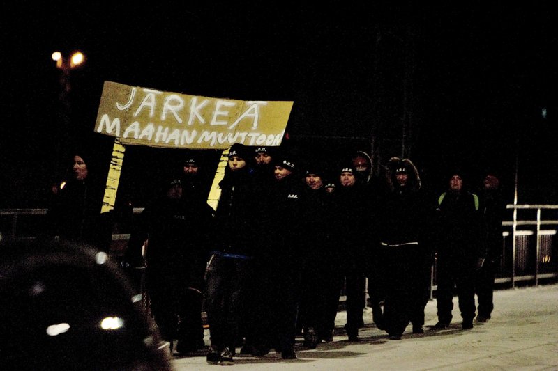 In this photo taken on Friday, Jan. 8, 2016, a group that calls themselves the Soldiers of Odin demonstrate in Joensuu, Eastern Finland. The rise of the Soldiers of Odin, which claims 500 members, has sparked both concern and ridicule in the Nordic country. 