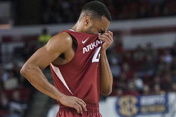 Arkansas guard Jabril Durham reacts to a foul call during the team's NCAA college basketball game against Georgia on Saturday, Jan. 23, 2016, in Athens, Ga. (Taylor Craig Sutton/Athens Banner-Herald via AP)
