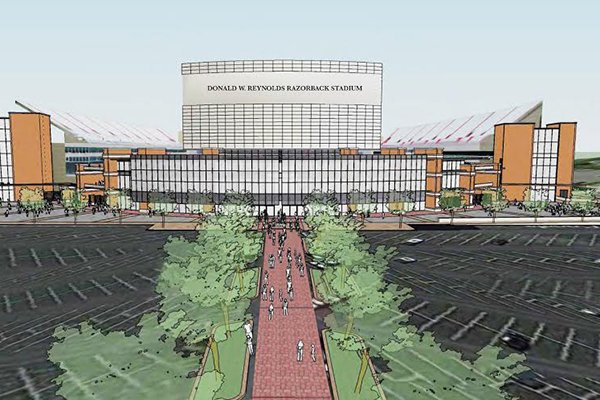 An artist's rendering shows a proposed expansion to the north end of Donald W. Reynolds Razorback Stadium. 
