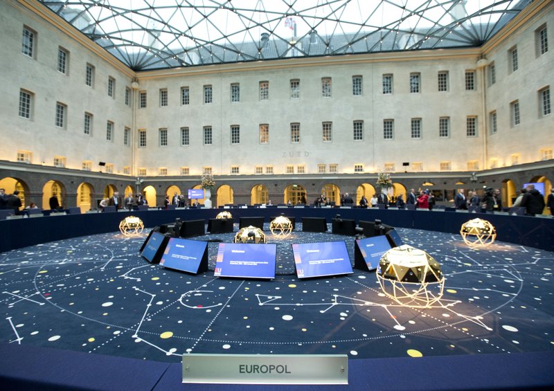 View of the conference room and the seat of Europol director Rob Wainwright at the Maritime museum prior to an informal meeting of EU Justice and Home Affairs ministers at the Maritime Museum in Amsterdam, Netherlands, Monday, Jan. 25, 2016. 