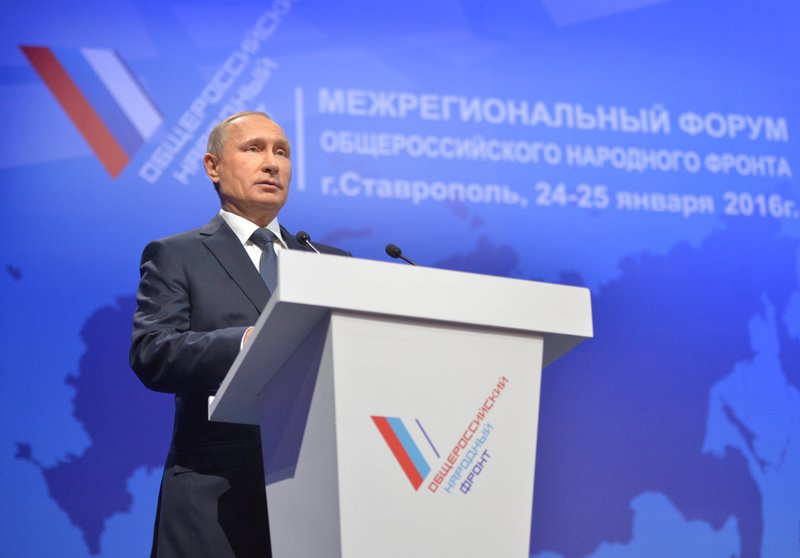 Russian President Vladimir Putin addresses a regional meeting of pro-Kremlin United Peoples' front in Stavropol, on Monday, Jan. 25, 2016.  
