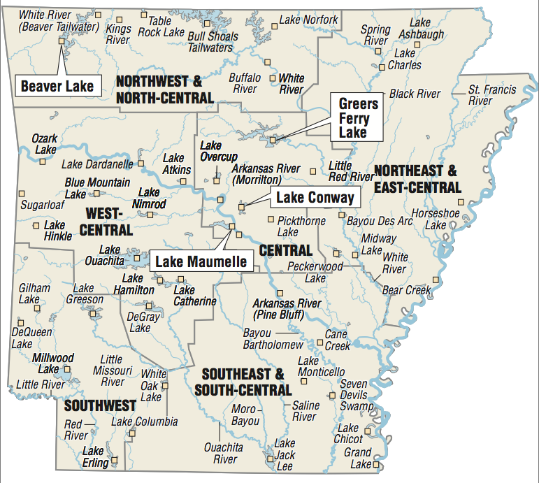 A map showing the location of Arkansas fishing spots.
