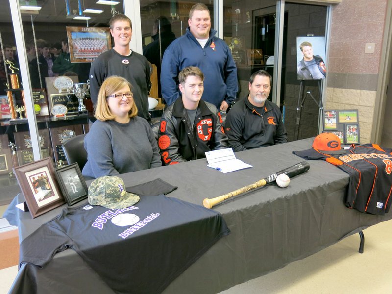 Photo by Susan Holland Jackson Soule&#8217;, senior at Gravette High School, is pictured Jan. 20 just after signing a letter of intent to play college baseball at Butler Community College in Kansas. Soule&#8217;, a three-sport athlete at GHS, was joined by his parents, Tonya and Bruce Soule&#8217;, and Randall Hunt (standing), GHS head baseball coach, and Jake Featheringill, his coach on the Midwest Nationals travel team.