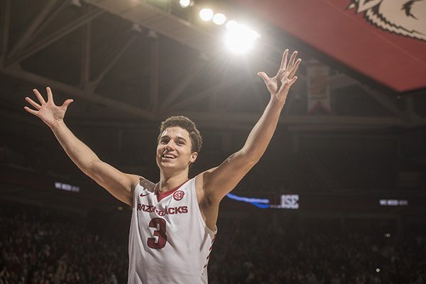 Dusty Hannahs (3) Arkansas junior guard celebrates after a victory against Texas A&M Wednesday, Jan. 27, 2016 at Bud Walton Arena in Fayetteville. The Razorbacks won 74-71.