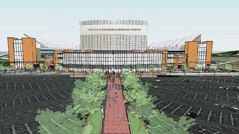 This artist’s rendering shows how Reynolds Razorback Stadium would look after a proposed expansion that would include enclosing the north end of the stadium and adding more premium seating. 