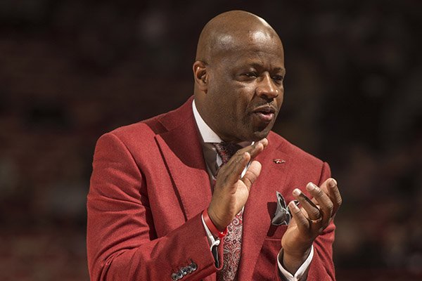 Mike Anderson head coach of the University of Arkansas Razorbacks in the first half against Texas A&M Wednesday, Jan. 27, 2016 at Bud Walton Arena in Fayetteville.