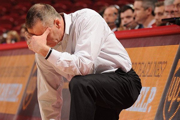 Arkansas coach Jimmy Dykes reacts to a call against Florida Thursday, Jan. 28, 2016, during the second half of play in Bud Walton Arena.