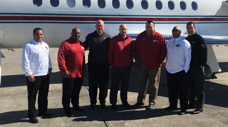 Arkansas Coach Bret Bielema and six assistants are in Louisiana to see at least two major prospects.  