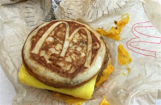 This Thursday, Jan. 28, 2016, photo, shows a McDonald's McGriddle sandwich in New York. 