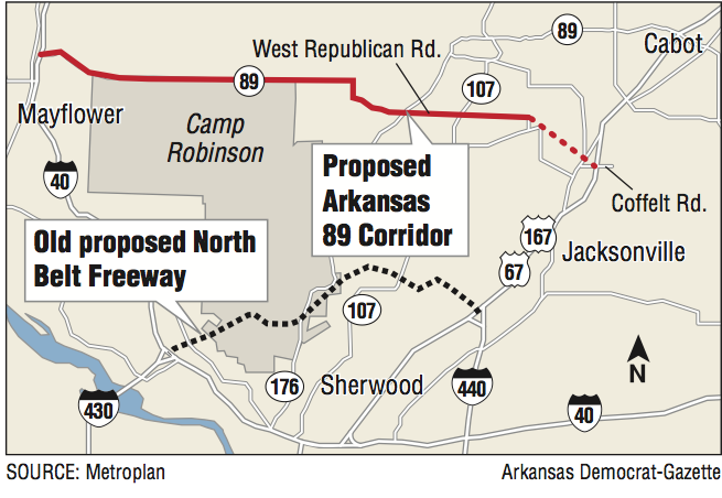 A map showing the proposed Arkansas 89 Corridor.