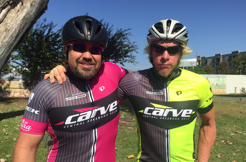 Kurt Searvogel, right, and road bike captain for Central Arkansas Velo, George Rhode, left