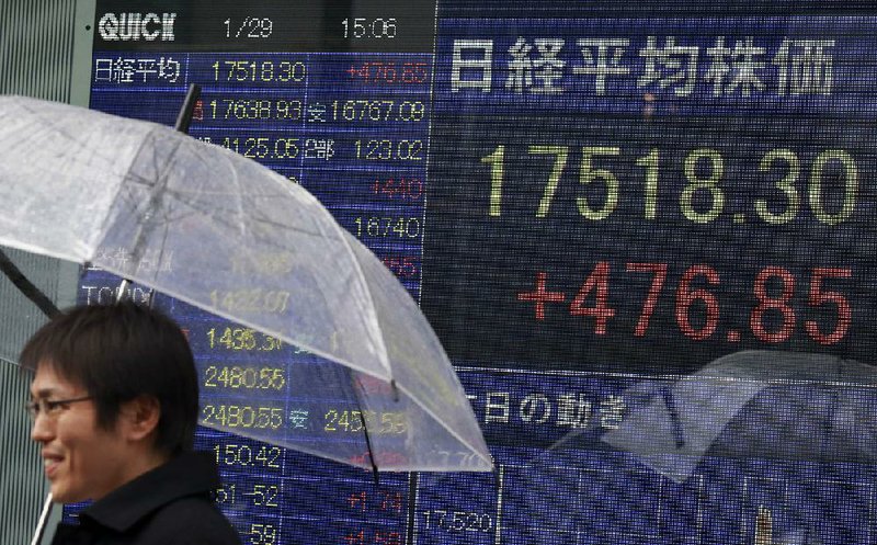 A pedestrian passes an electronic stock board outside a securities firm Friday in Tokyo, where investors were rattled by the Bank of Japan’s decision to charge interest for cash left on idle deposit.