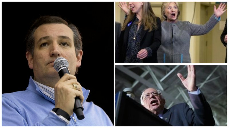 Presidential candidates clockwise: Sen. Ted Cruz, Hillary Clinton and Sen. Bernie Sanders. Photos by The Associated Press
